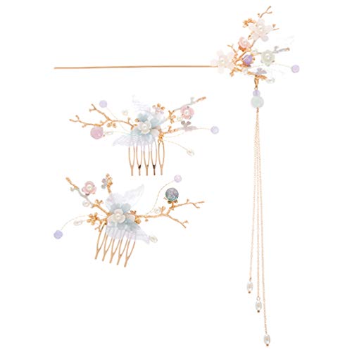 Minkissy Rhinestone Pearl Flower Hair Stick Hair Comb Chinese Hair Chopsticks Vintage Tassel Hair Pin Chignon Pin Chopsticks Hair Styling Accessories for Women