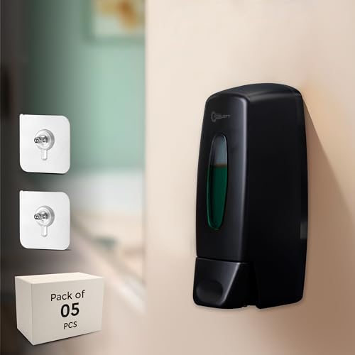 Image of Robustt Manual Wall Mounted Liquid Soap Dispenser - Black (350 ml, Pack of 5) - with Adhesive Hooks | Leak-Proof, Transparent Window, Easy Installation - Ideal for Bathroom, Kitchen, Hotels, Offices