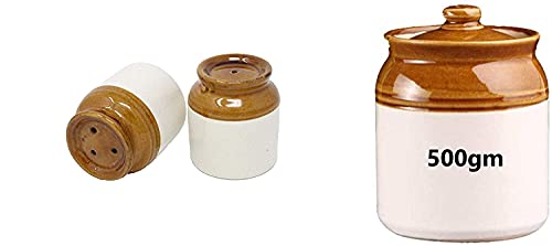 KARARI® 1 Set Salt & Pepper jar with Sturdy Stopper/ 1 Pickle Jar 500gms | achar jar namakdani Salt Pepper Set Kitchen & Table Accessories, Shaker Ceramic Dispenser/Salt Holder