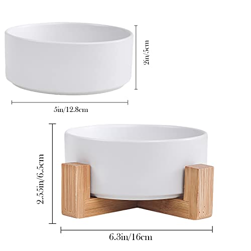 MUYG Ceramic Dog Cat Bowl with Wood Stand,Cat Food & Water Bowls Elevated Non-Spill Modern Cute Kitty Dishes Heavy Weighted Round Pet Dishes Set for Kitten Small Cat(White)