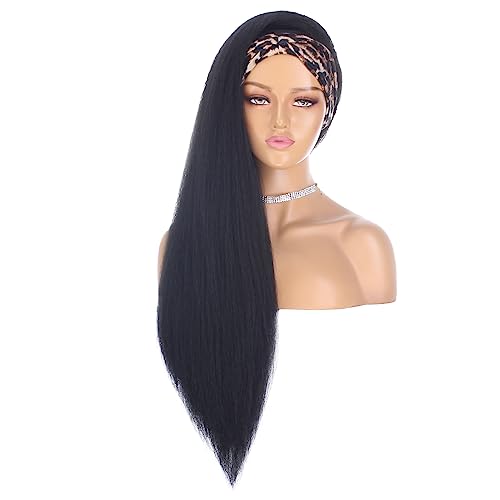 Xtrend 26 Inch Kinky Straight Yaki Headband Wig Long Straight Yaki Synthetic Black Hair Natural Looking Headband Attached Glueless Wigs Easy to Wear for Black Women 1B# - Image 3