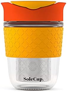SoleCup Travel Mug Loose Tea Infuser - Detachable Tea Strainer with Spillproof Lid - BPA-Free Reusable Glass Travel Coffee Cup with Silicone Band (Black)