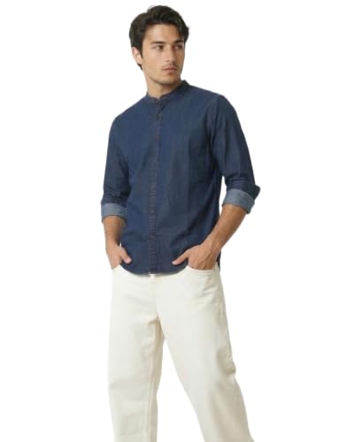 Image of Amazon Brand - INKAST Men Washed Cotton Twill Denim Casual Button Down Shirt | Mandarin Collar | Full Sleeves | Regular Fit | Stylish Summer - Everyday Wear