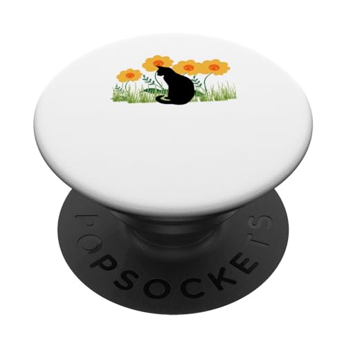 Gato negro con flores sonrientes PopSockets PopGrip Intercambiable
