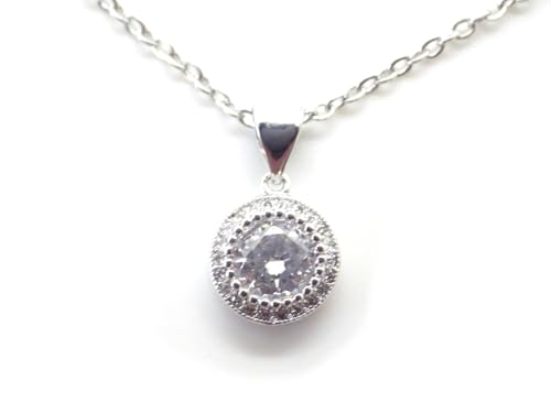 Collar con colgante de halo redondo de 13 mm en acero inoxidable plateado con circonitas – Cadena de 45 cm + extensión de 5 cm – Hecho a mano en Francia