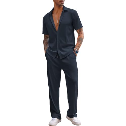 aromm Uomo 2 Pezzi Casual Outfit Maniche Corte Button Down Camicia & Coulisse Pantaloni Estate Tute da Passeggio Marina, M