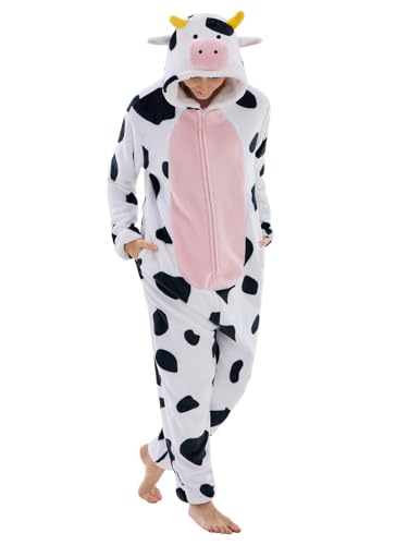 JUOLOET Unisex Adult Onesie Pajamas Cow Animal One Piece Snug Fit Halloween Costume Sleepwear Homewear Cow Large