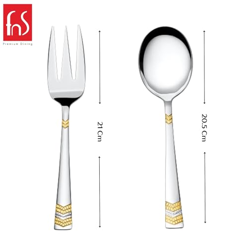 Image of FnS RAGA 24 Karat Gold Plated Stainless Steel Serving Set of 2 (1 Serving Spoon, 1 Serving Fork) for Home, Kitchen and Dinning