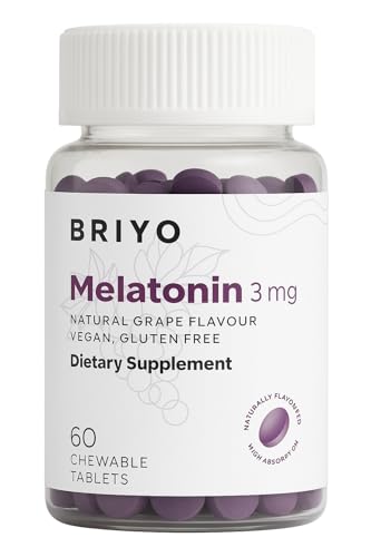 Image of Briyo Melatonin 3 mg Natural grape flavoured Chewable Tablets - Fast-Acting Quick Dissolve Night time Relaxation & Restful Sleep Support - Sleep Aid - 60 Chewables pack