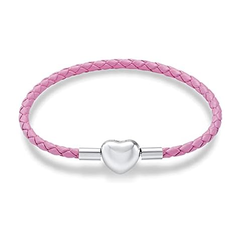 NINGAN Leather Charm Bracelet for Women fit Charms Sterling Silver Love Heart Snap Clasp Bead, Mother's Day Birthday Jewelry Gifts, Pink 7.5in/19cm Bracelet Cover