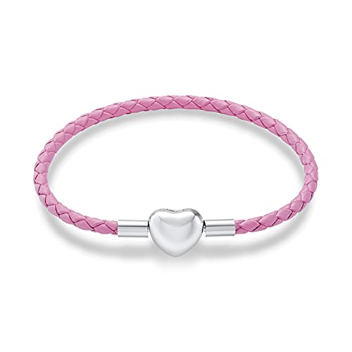 NINGAN Pulsera de cuero para mujeres y niñas, compatible con Pandora de plata de ley con cierre de corazón, regalo de joyería para el día de la madre, cumpleaños, 7.9in/20cm, Cuero Plata Cobre, Plata