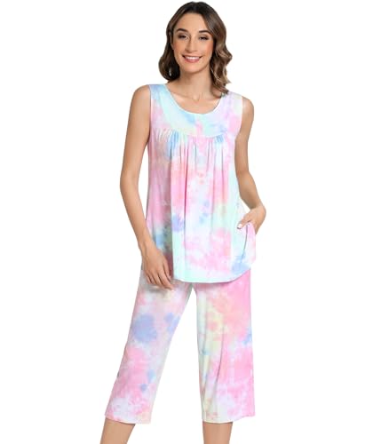 Image of NACHILA Pajamas for Women-Viscose Made from Bamboo, Sleeveless Pjs Top and Capri Pants Pajama Set Cool Pleated Sleepwear
