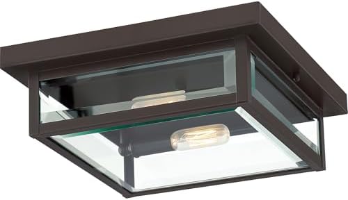 Quoizel Westover Outdoor Flush Mount Ceiling Light, 12 Inch 2-Light Western Bronze Industrial Lantern, Beveled Glass, Close to Ceiling Light Fixtures for Farmhouse, Porch, Patio, Hallway or Yard