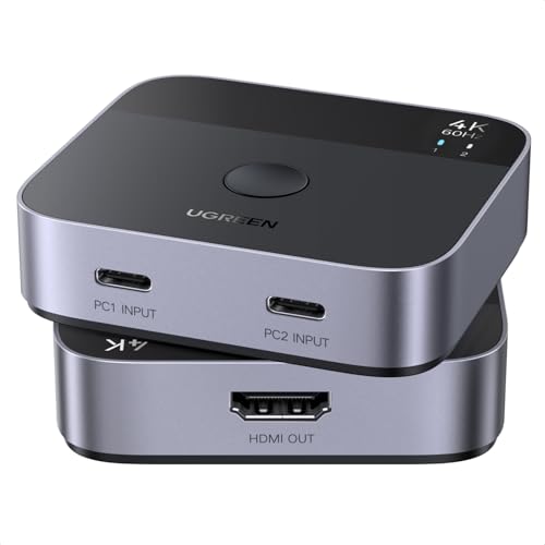 UGREEN 2 USB C in 1 HDMI Out Switch 4K@60Hz, Aluminum USB C Switcher 2 Computers Supports HDR HDCP2.2 Compatible with Laptops, Tablets, Smartphones, MacBook Air/Pro, iMac All-in-One Desktop Computer