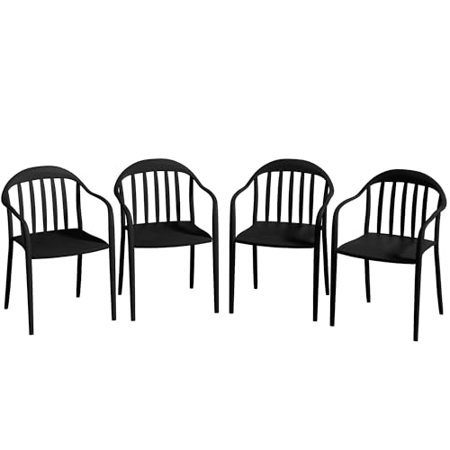 Outsunny Set 4 Sedie da Giardino Impilabili con Schienale e Braccioli, Sedie per Esterno in PP, Resistente ai Raggi UV e Impermeabile, 57x54x78 cm, Nero