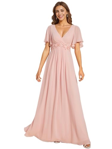 Ever-Pretty Vestito Donna Elegante Scollo a V Maniche a Volant Stile Lungo Abito Cerimonia Donna Chiffon Chic Rosa 38