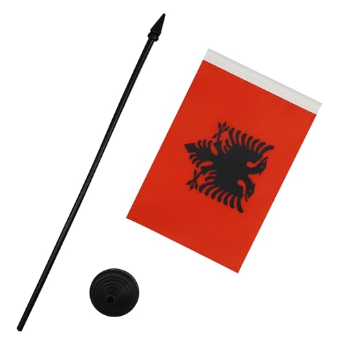 Image of Albania Table Flag 4'' x 6'' - Albanian Desk Flag 15 x 10 cm - Black plastic stick and base - AZ FLAG