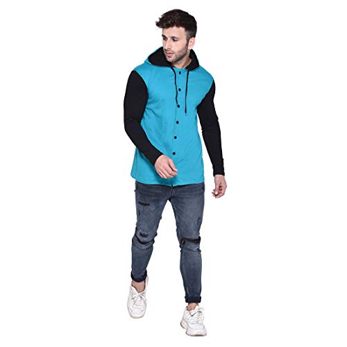 Image of Geum Men's Full Sleeve Hooded T-Shirt with Button-Down Front | Casual Slim Fit Cotton Shirt-Style Tee