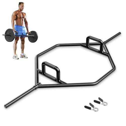 GYMAX Barra hexagonal olímpica, barra plegable de 56 pulgadas con acabado cromado y dos asas, barra hexagonal de levantamiento de pesas para sentadillas, peso muerto, encogimientos de hombros y
