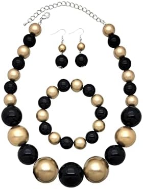 BA UNIQUE FASHION Women's Chunky Large Simulated Pearl Statement Necklace, Bracelet, Earring Set (Black + Matte Gold)