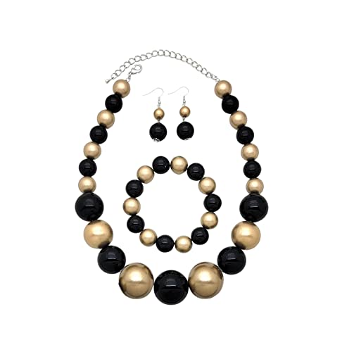 Ba Unique Fashion Women's Chunky Large Simulated Pearl Statement Necklace, Bracelet, Earring Set (Black + Matte Gold) #TOP3