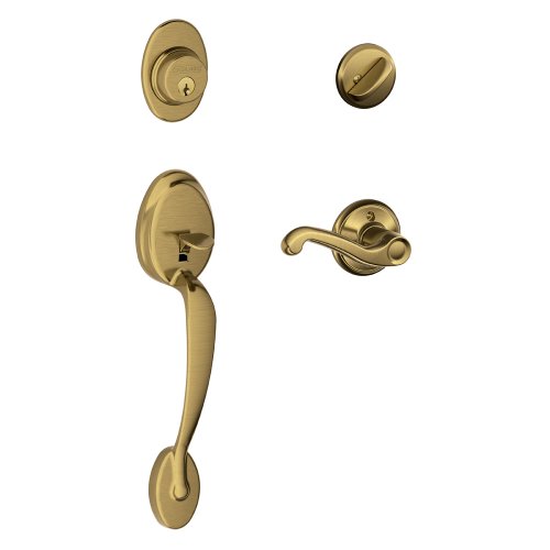Image of Schlage Lock Company Plymouth Single Cylinder Handleset and Right Hand Flair Lever, Antique Brass (F60 PLY 609 FLA RH)