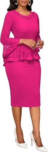 Image of Lace Dresses for Women Wedding Guest Elegant Long Sleeve Cocktail Business Knee Length Pencil Dress