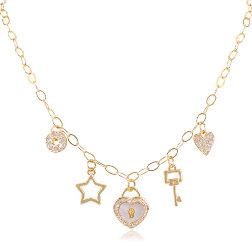 Gold Charm Necklace for Women Gold Plated Chain Pendant Necklace with Cute Dangle CZ Love Heat Lock Key Star Clover Cross Pendant Adjustable Trendy Y2K Party Jewelry Gift for Teen