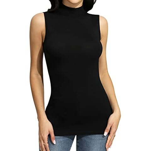 SHEIUGU Women’s Sleeveless Mock Turtleneck Tops for Women Sexy Tank T Shirts for Women Fitted Shirts Basic Tee (Sleeveless Black-Medium) Cover