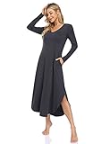 Clearlove Nachthemd Damen Langarm Nachtwäsche mit V-Ausschnitt Lange Freizeitkleid Schlafshirt Sleepwear mit Taschen (Verpackung MEHRWEG), B-Dunkelgrau, L