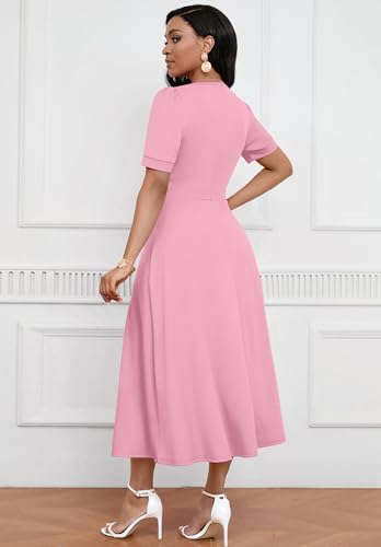 Image of MarryUP Women's Midi Dresses - V Neck Cocktail & Church Tea Dresses - Short Sleeve A-Line Swing Dress
