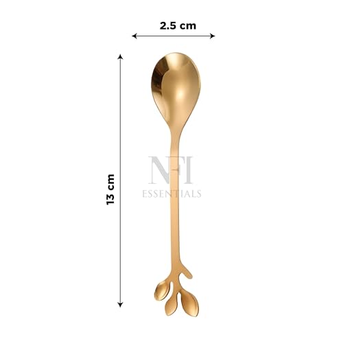 Image of NFI essentials 6 Pcs Leaf Design Coffee Tea Spoons Set, Stainless Steel 13cm Golden Retro Dessert Espresso Spoons Cutlery Kitchen Tableware, Perfect for Mixing & Stirring