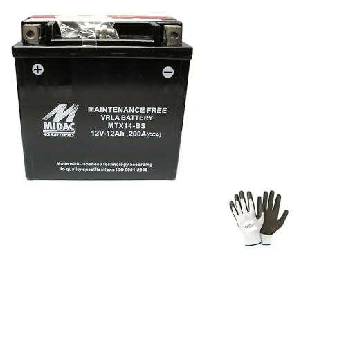 DESCRIZIONE E CARATTERISTICHE PRODOTTO: BATTERIA MIDAC MTX14-BS -BATTERIA FORNITA COMPLETA DI VITI - PRONTA PER L’UTILIZZO, GIA’ CARICA!! - BISOGNA SOLO MONTARLA!! --precaricata (attivata in fabbrica - Factory Activated) -Sigillata/ermetica, -12 Volt 12 Ah ampere -dimensioni: 150x87x145CM - Corrente carica 200A -NEL TITOLO INDICHIAMO IL MODELLO SPECIFICO PER LA TUA MOTO, SCOOTER O QUAD!! - OMAGGIO GUANTI DA LAVORO ANTISCIVOLO