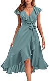 PRETTYGARDEN Short Sleeve Cross V Neck Ruffle Summer Dress for Women Wedding Guest Dresses for Women 2025 Satin Midi Dresses (Light Lake Blue,XX-Large)