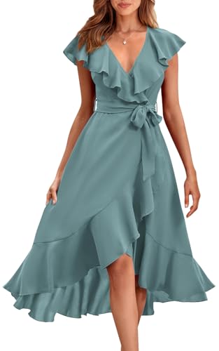 Image of PRETTYGARDEN Women's 2023 Summer Wrap Maxi Dress Casual Boho Deep V Neck Short Sleeve Ruffle Hem Split Beach Long Dresses