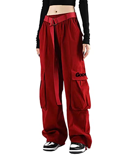 Golyoy Cargo Pants Women With Pockets High Waist Baggy Casual Techwear Wide Leg Trousers Women Relaxed Fit Adjustable Pants Red #TOP1