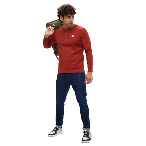 Image of Spykar Men's Slim Fit Henley Neck Full Sleeve Solid Casual T-Shirt