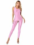 renvena Women's Sexy Satin Shiny Glossy Bodystocking Hollow Out Sleeveless Bodysuit Catsuit Pink X-Large