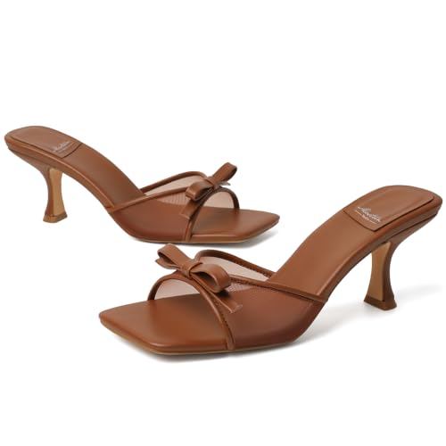 Image of Mostrin Kitten Heels for Women Round Toe Heels With Bow Vintage Mules Sexy Slip on Stiletto Backless Sandals for Party Daily
