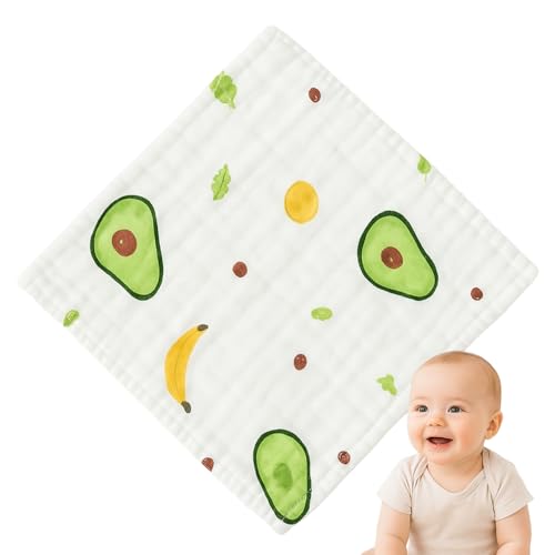 Toalla Gasa para Bebe, Toallitas de algodón para bebé, Toallitas de Muselina para bebé, Muselinas Bebe Algodón, 6 Capas de absorción, 100% algodón, 25 x 25 cm, Diseño Estampado Aguacates