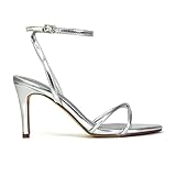 ESSEX GLAM Womens Strappy Ankle Strap Sandals Ladies Open Toe Silver Stiletto Mid High Heel Shoes Size 5