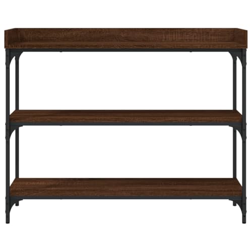 Mesa consola marrón efecto roble de alta estabilidad con estantes mixtos y soporte de pared 5