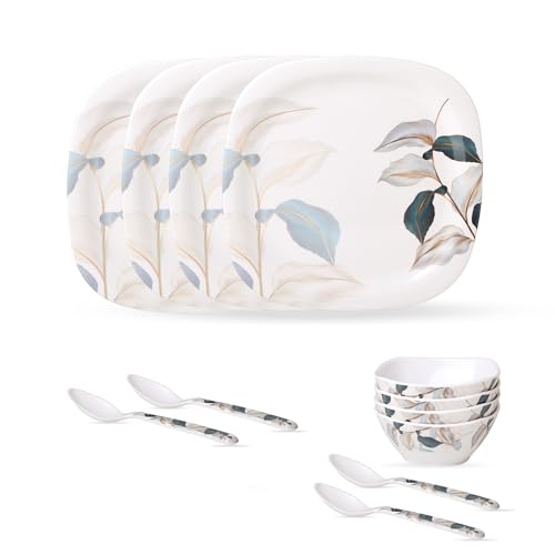 Image of Golden Fish 12 Pcs Individual Place Setting Dinner Set for 4 | 4 Full Plates, 4 Veg Bowls & 4 Eating Spoons | Ready-to-Serve Combo for Daily Meals, Home Dining & Practical Gifting
