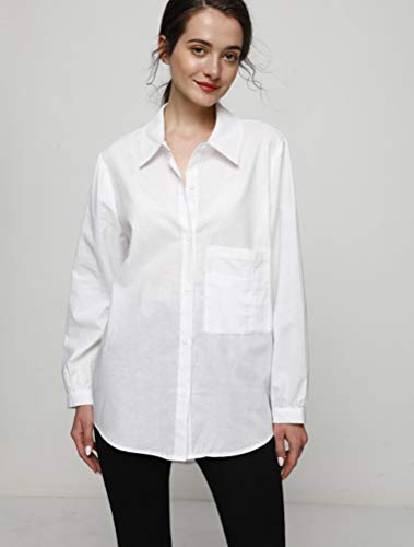 Minibee Women's Casual Cotton Linen Blouse Plus Size High Low Shirt Long Sleeve Tops White