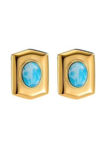 Gold and Turquoise Stud Statement Earrings – Elegant Lightweight Fashion Jewelry for Women