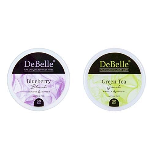 DeBelle Nail Polish Remover Wipes Combo of 2 – Blueberry Blush & Green Tea Gush |Acetone free| Enriched with jojoba Oil, Olive Oil &Vitamin E|(30 pads)
