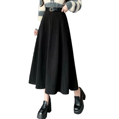 Faldas largas casuales para mujer, cintura alta, falda plisada de lana con empalme grande, Negro, 48