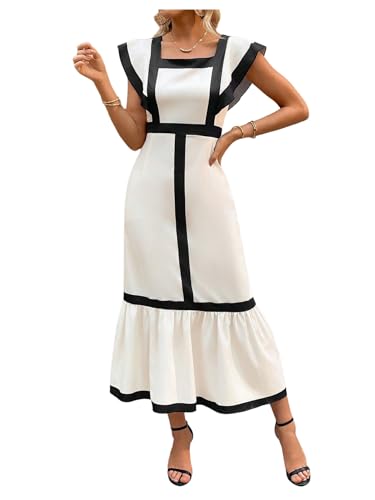 SOLY HUX Women's Square Neck Ruffle Hem Dress Elegant Cap Sleeve Color Block Long Dresses