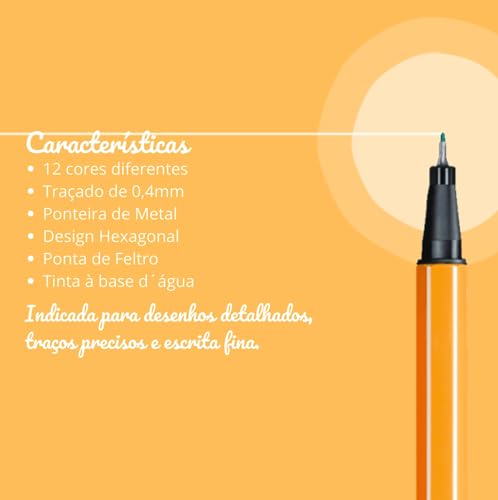 Caneta Hidrográfica Fineliner Ponta Fina 0.4 mm Kit 12 Cores - Corpo Amarelo