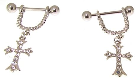 Body Accentz 2 pc Stainless Steel Barbell Nipple Ring CZ Dangle Cross Sold as a Pair CH178